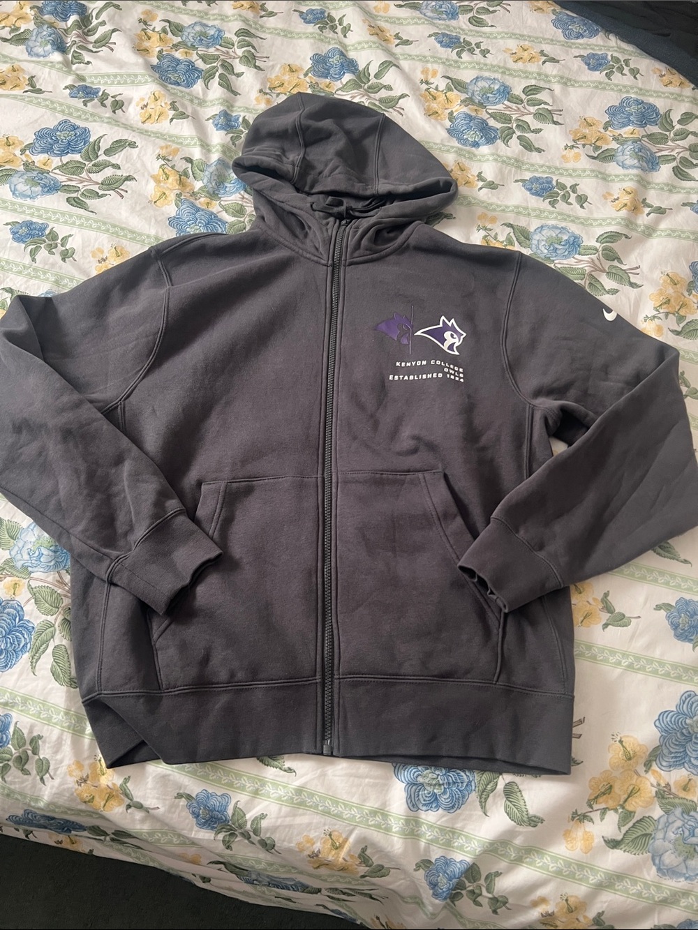 Kenyon College Nike Full-Zip Hooded Sweatshirt with Logo in dark gray